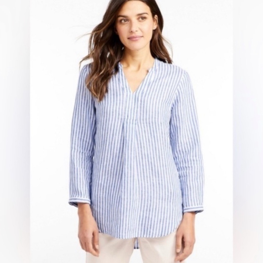 L.L. Bean Premium Stripe Linen Tunic Shirt Splitneck Long-Sleeve Small